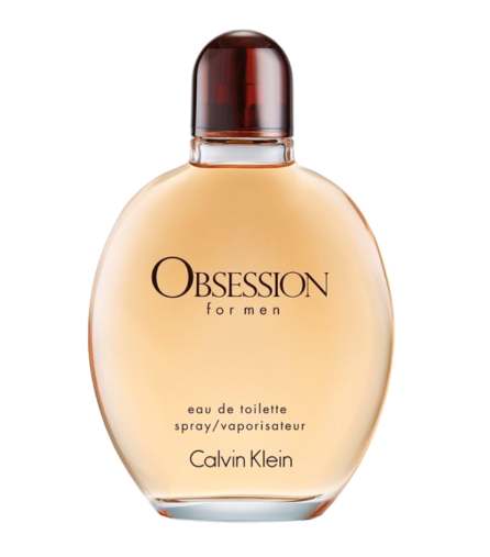 Calvin Klein Obsession for men eau de toilette spray in a clear glass bottle with a warm peach-tan liquid, a dark brown cap, and black lettering on a white background.