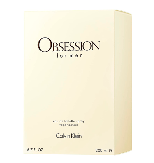 Calvin Klein Obsession for Men Eau de Toilette box in a pale cream color, featuring black text on a clean white background.