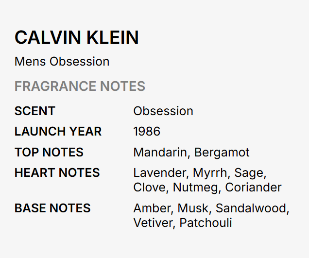 A text-based fragrance notes card for Calvin Klein's 'Mens Obsession' perfume, listing scent as 'Obsession', launch year as '1986', and top, heart, and base notes in a clean two-column layout on a light gray background.