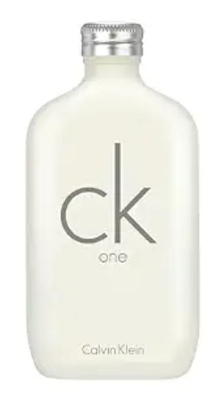Calvin Klein CK One fragrance bottle in a matte off-white finish with a silver metallic cap, featuring the iconic 'ck' logo on the front.