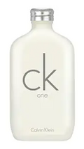 Calvin Klein CK One fragrance bottle in a matte off-white finish with a silver metallic cap, featuring the iconic 'ck' logo on the front.