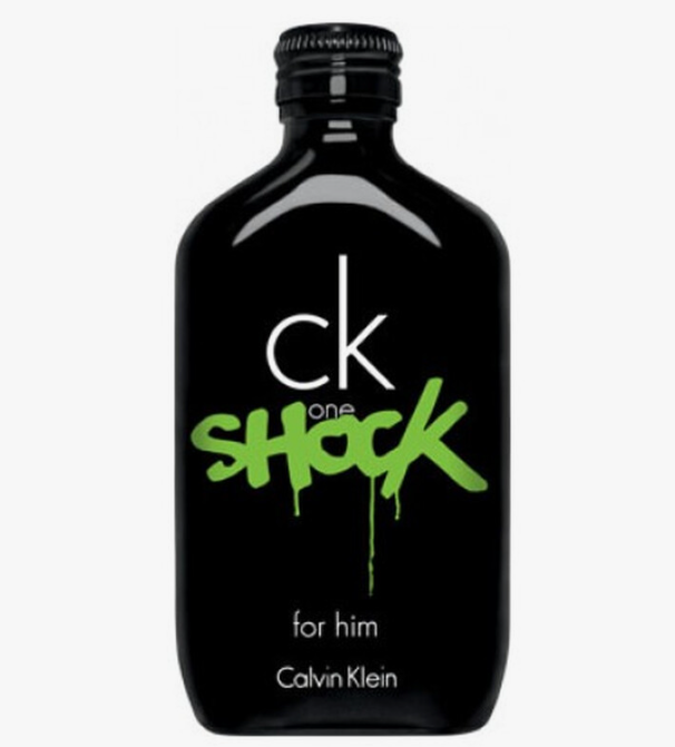 A black Calvin Klein CK One Shock cologne bottle with a black cap, featuring white and green text on a light gray background.