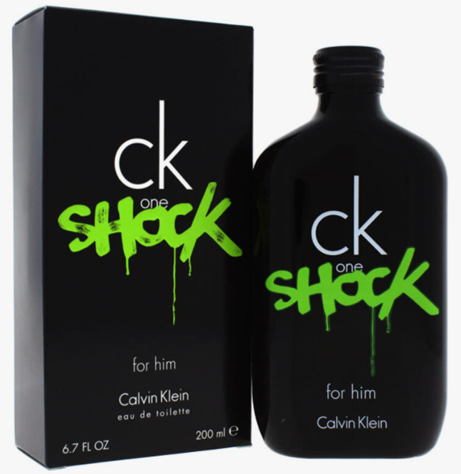 Calvin Klein CK One Shock For Him Eau de Toilette bottle and its black packaging box, featuring a black design with white and green text.