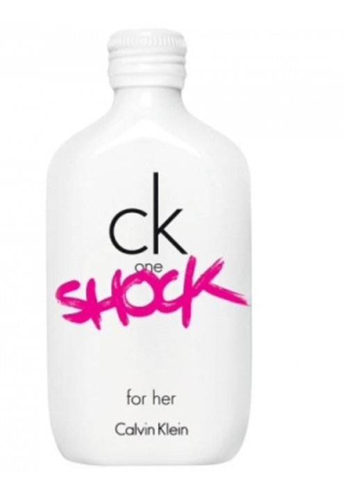 A white bottle of Calvin Klein ck one SHOCK perfume for her, featuring a white cap and black and pink branding on the front.