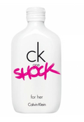 A white bottle of Calvin Klein ck one SHOCK perfume for her, featuring a white cap and black and pink branding on the front.