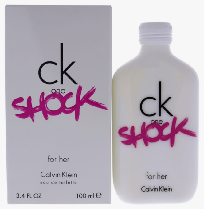 Calvin Klein CK One Shock For Her Eau de Toilette bottle and its retail box, featuring a white bottle and box with black and pink branding.
