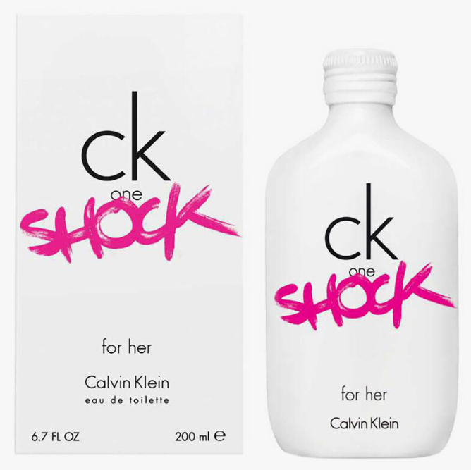 Calvin Klein CK One Shock For Her Eau de Toilette bottle and its packaging box, both white with black and pink branding.