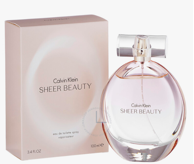 Calvin Klein Sheer Beauty Eau de Toilette spray bottle next to its original pink packaging box, shown on a clean white background.