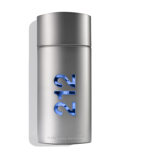 A silver cylindrical bottle of Carolina Herrera 212 fragrance with a metallic finish and large blue '212' lettering on the front, set against a plain white background.