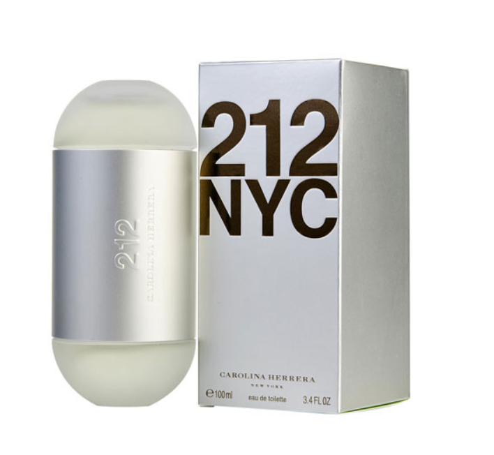 Carolina Herrera 212 NYC Eau de Toilette bottle and packaging box on a white background.