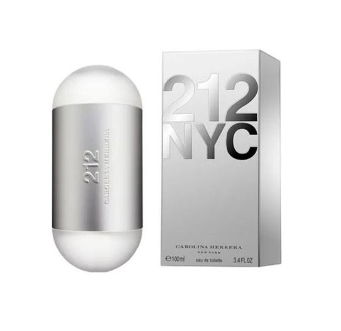 Carolina Herrera 212 NYC perfume bottle and packaging box on a plain white background.