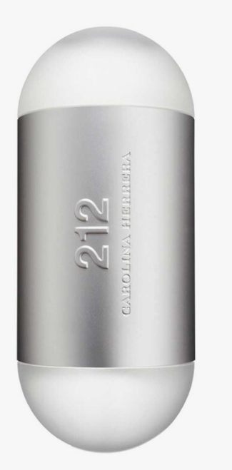 Carolina Herrera 212 perfume bottle with a metallic silver body and frosted white top and bottom, on a light gray background.