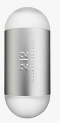 Carolina Herrera 212 perfume bottle with a metallic silver body and frosted white top and bottom, on a light gray background.