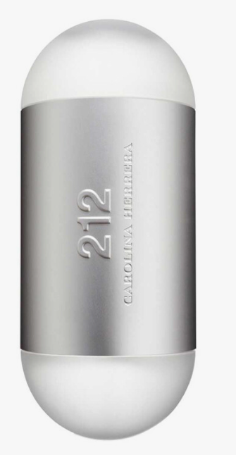 Carolina Herrera 212 perfume bottle with a metallic silver body and frosted white top and bottom caps, shown on a light gray background.