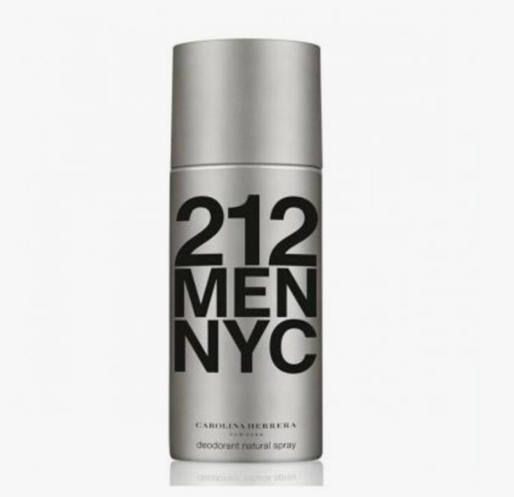 A silver cylindrical deodorant spray can with bold black text reading '212 MEN NYC' and smaller text 'CAROLINA HERRERA PARIS' and 'deodorant natural spray' on a light gray background.