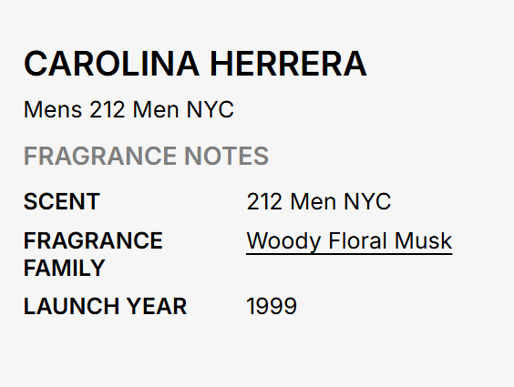 A text-based fragrance note card for Carolina Herrera 212 Men NYC, detailing scent, fragrance family, launch year, and describing the notes as woody floral musk.