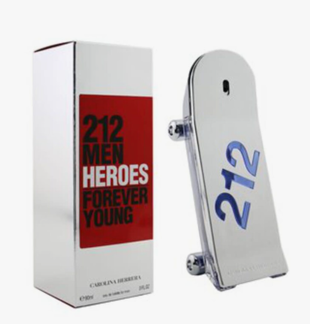 Carolina Herrera 212 Men Heroes Forever Young perfume shown with its silver and red packaging box and the silver spray bottle.