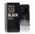 Carolina Herrera 212 VIP Black NYC Eau de Parfum, featuring a black gradient glass bottle next to its black packaging box with gold and white lettering.