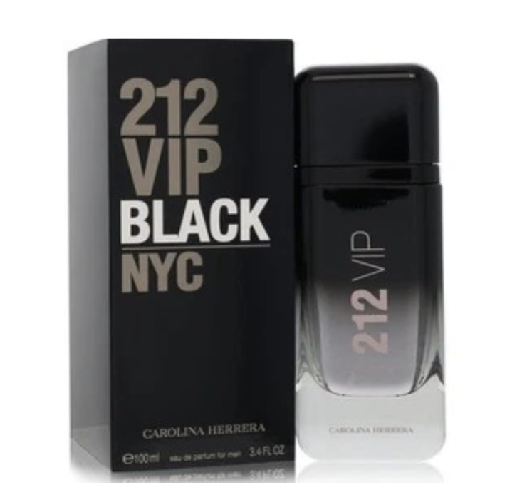 Carolina Herrera 212 VIP Black NYC Eau de Parfum, featuring a black gradient glass bottle next to its black packaging box with gold and white lettering.