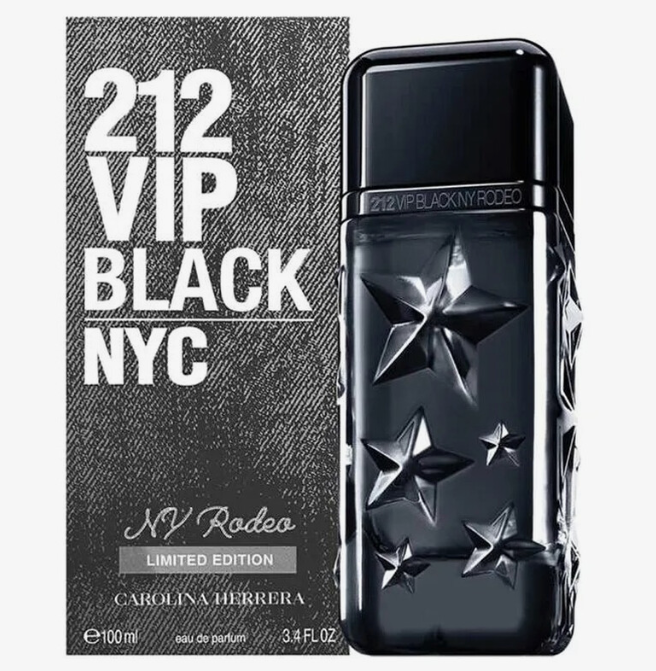 Carolina Herrera 212 VIP Black NYC Rodeo Limited Edition perfume bottle and packaging box, featuring a glossy black bottle with embossed stars and a textured gray box with bold white text.