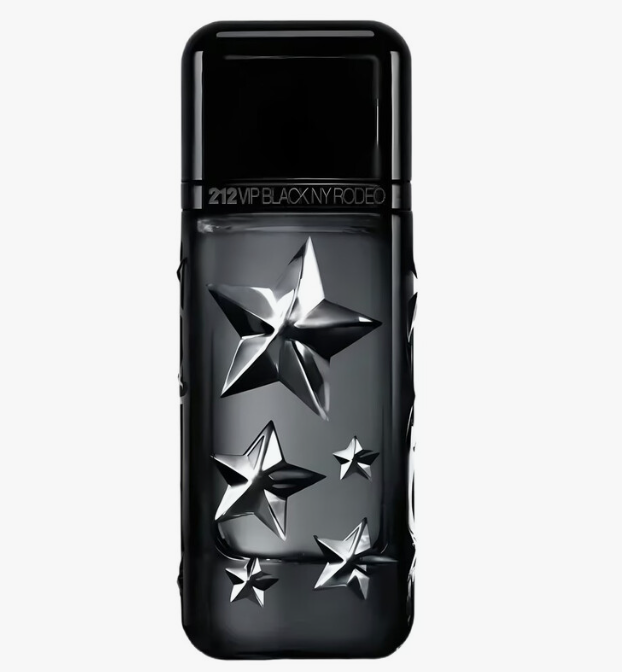 A black rectangular perfume bottle with a glossy finish, featuring embossed silver star designs of varying sizes on the front. The bottle is labeled '212 VIP BLACK NY RODEO' near the top, set against a plain light gray background.