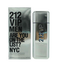 Carolina Herrera 212 VIP Men perfume bottle and its packaging box, featuring a metallic silver design with black text on a white background.