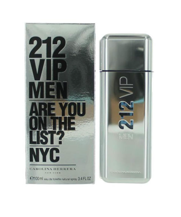 Carolina Herrera 212 VIP Men perfume bottle and its packaging box, featuring a metallic silver design with black text on a white background.