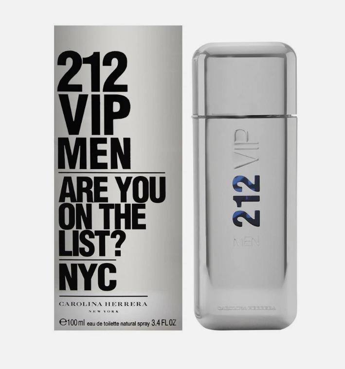 Carolina Herrera 212 VIP Men Eau de Toilette spray bottle and its packaging box, featuring a metallic silver design with bold black and blue lettering.
