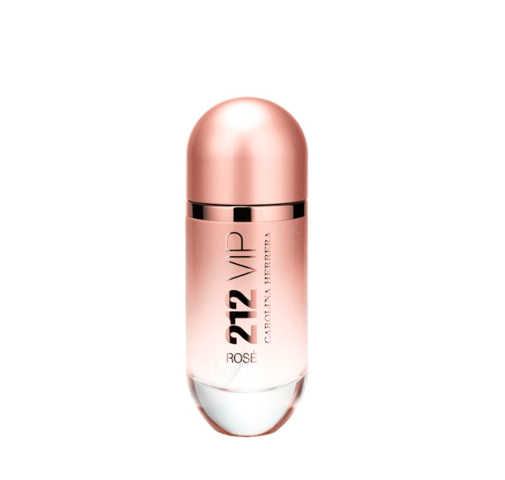 Carolina Herrera 212 VIP Rose perfume bottle with a metallic rose gold cap and a clear glass body showing the liquid inside, set against a plain white background.