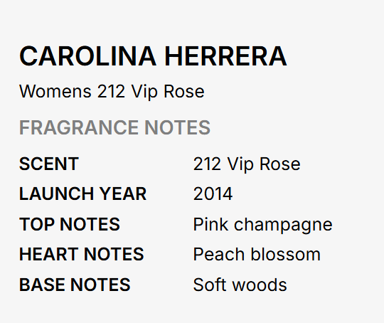 A text-based fragrance note card for Carolina Herrera Women's 212 Vip Rose, listing scent, launch year, top notes, heart notes, and base notes on a light gray background.
