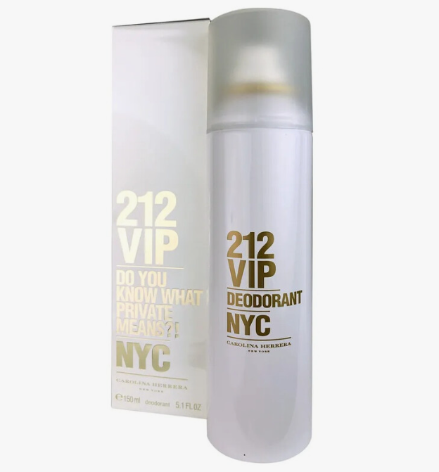 A bottle of 212 VIP Deodorant NYC by Estrella De Herrera next to its matching white and gold packaging box, set against a plain white background.