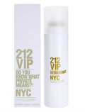 Carolina Herrera 212 VIP Deodorant spray bottle next to its white packaging box, featuring gold and gray text on a white background.