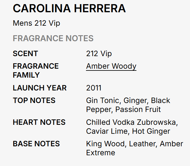 A text-based fragrance notes card for Carolina Herrera Mens 212 Vip, with black text on a light gray background detailing scent, fragrance family, launch year, top notes, heart notes, and base notes.
