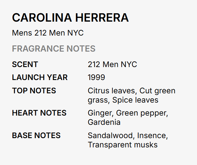 A text-based fragrance notes card for Carolina Herrera Men's 212 by 212 Men NYC, showing scent, launch year, top notes, heart notes, and base notes on a light gray background.