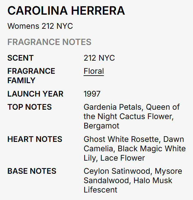 A text-based fragrance notes card for Carolina Herrera 212 NYC, showing scent, fragrance family, launch year, top notes, heart notes, and base notes on a light gray background.