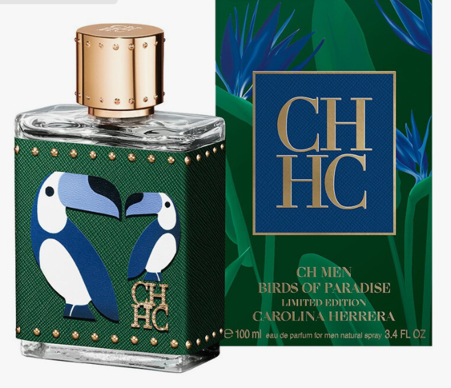 CH Men Birds of Paradise Limited Edition Carolina Herrera perfume bottle and its packaging box. The bottle features a textured green body with two toucan illustrations in blue, white, and gold accents, topped with a metallic gold cap.