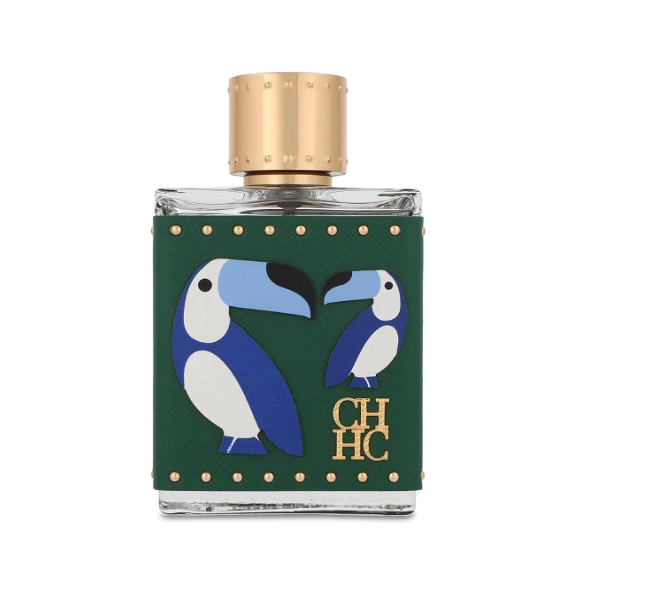 A rectangular glass perfume bottle with a dark green wrap featuring two stylized toucan birds and gold 'CHC' lettering, topped with a metallic gold cap, on a white background.