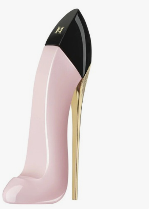 A single high-heeled shoe-shaped bottle in glossy pale pink with a black cap and a slim gold heel, shown on a plain light gray background.