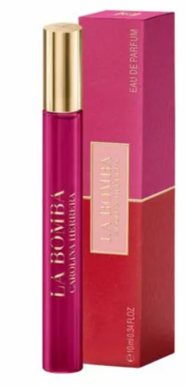 Carolina Herrera La Bomba Eau de Parfum 10ml spray bottle with a gold cap next to its pink and red packaging box.