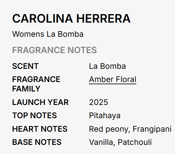 A text-based fragrance notes card for Carolina Herrera Womens La Bomba, with black and gray text on a light gray background.