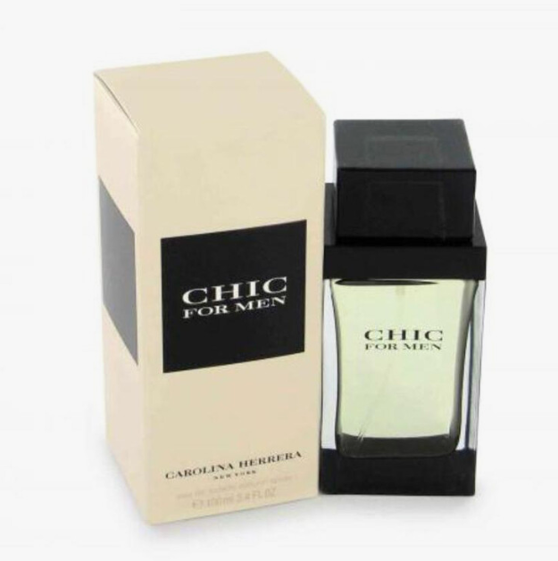Carolina Herrera Chic For Men Eau de Toilette bottle and its packaging box, featuring a black and beige color scheme on a white background.