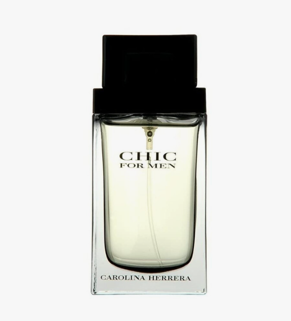Carolina Herrera Chic For Men Eau de Toilette bottle, featuring a clear glass rectangular body with pale yellow liquid, a black cap, and black lettering on a white background.
