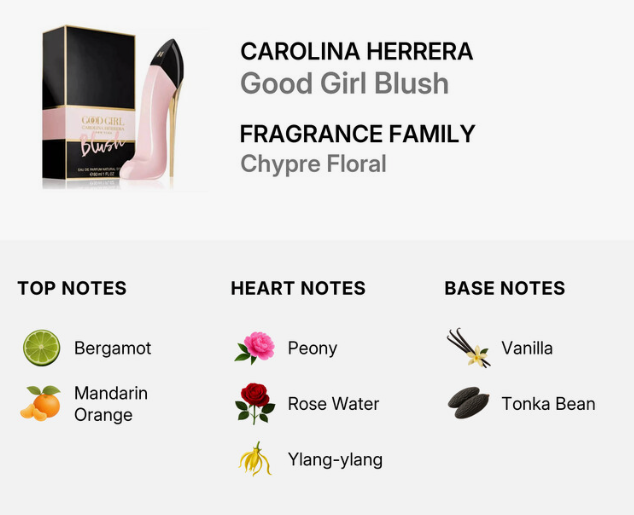A fragrance information graphic for Carolina Herrera Good Girl Blush. It shows the perfume box and a pink high-heel bottle on the left, with text identifying the brand, product name, fragrance family, and chypre floral category.