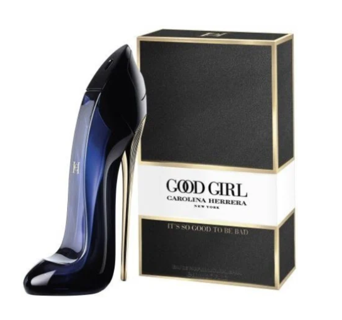 Carolina Herrera Good Girl perfume bottle shaped like a high-heeled shoe in dark blue and black, shown next to its black and gold packaging box on a white background.