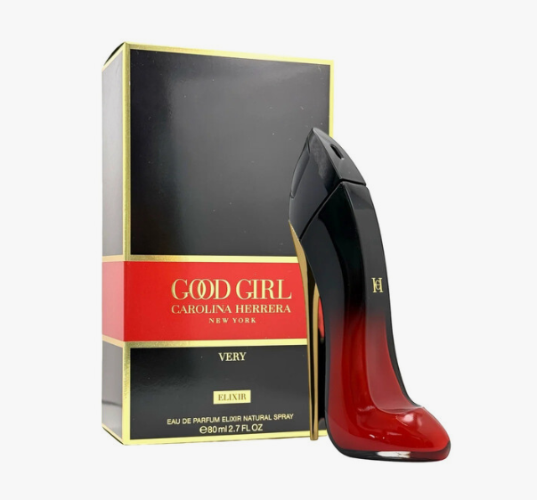 Carolina Herrera Good Girl Very Extrait Eau de Parfum spray bottle styled like a high-heeled shoe, shown next to its black and red packaging box with gold trim on a white background.