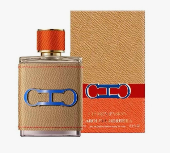 A bottle of Carolina Herrera Pasion  Eau de Toilette spray next to its textured tan packaging box, featuring a blue  logo on the bottle and a red and blue logo band on the box.