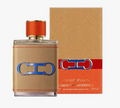 A bottle of Carolina Herrera Pasion  Eau de Toilette spray next to its textured tan packaging box, featuring a blue  logo on the bottle and a red and blue logo band on the box.