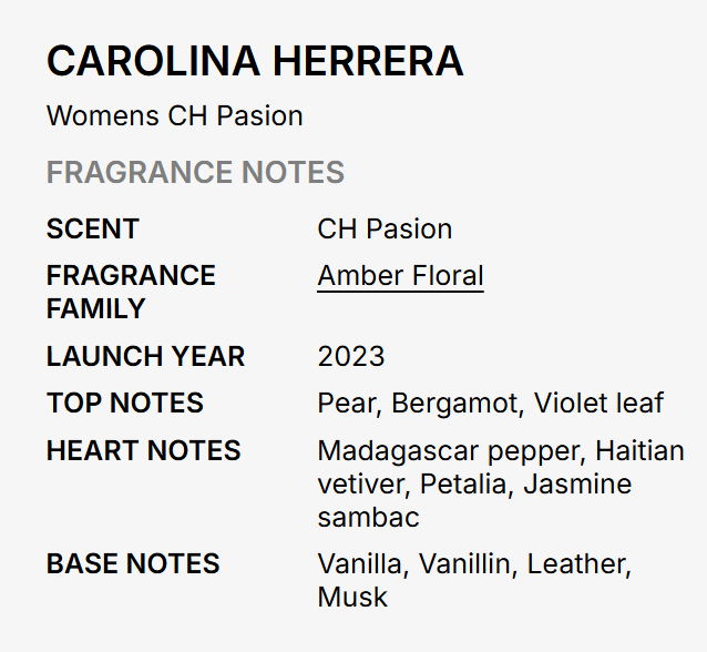 A text-based fragrance note card for Carolina Herrera Women's CH Pasion, showing scent, fragrance family, launch year, and top/base notes on a light gray background.