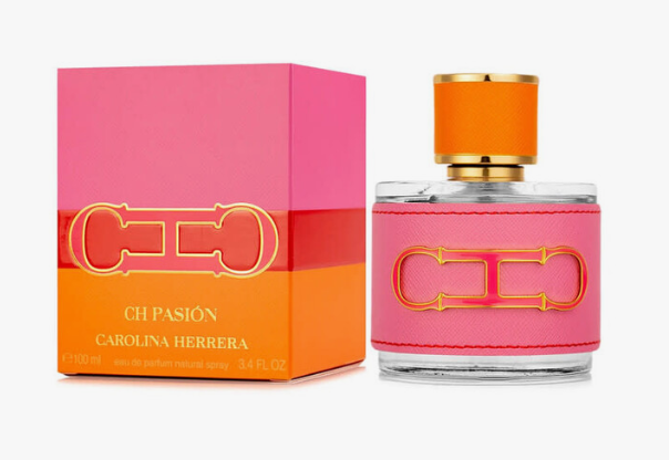 Carolina Herrera Ch Pasion Eau de Parfum bottle next to its pink and orange packaging box, featuring a signature gold 'CH' logo.