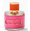 A perfume bottle with a bright pink textured wrap featuring a gold-tone H-shaped logo, a clear glass body, and a textured orange cap with gold trim.